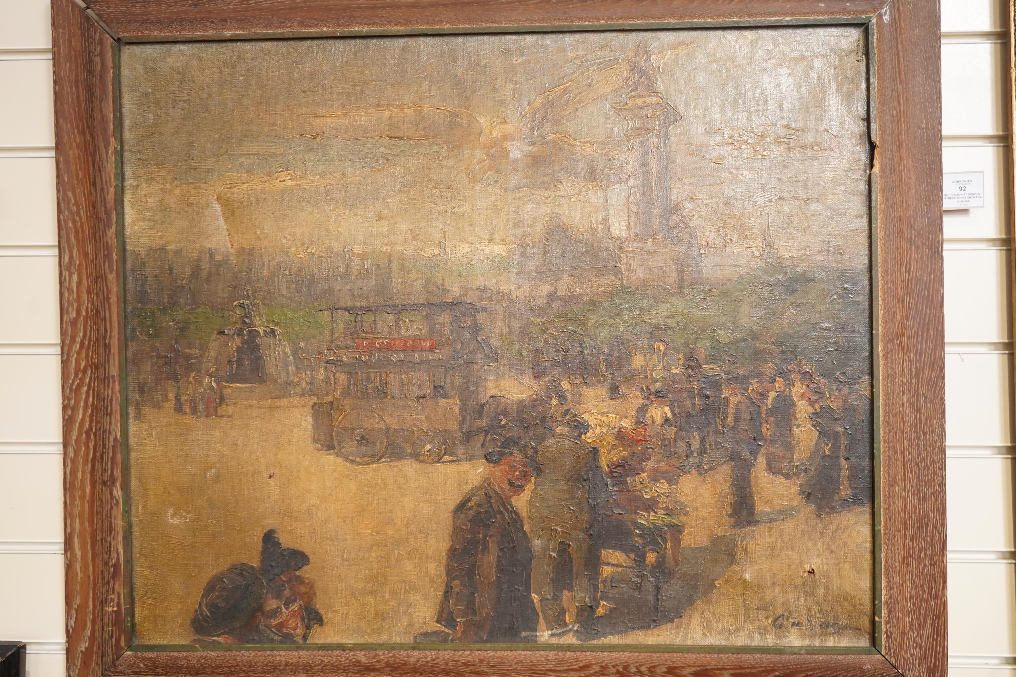 Impressionist School , Street scene with tram, fountain and triumphal arch, oil on canvas, 59 x 72cm